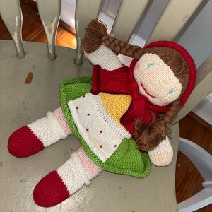 Hand-Knit Red & Green Girl Rag Doll with Braided Hair